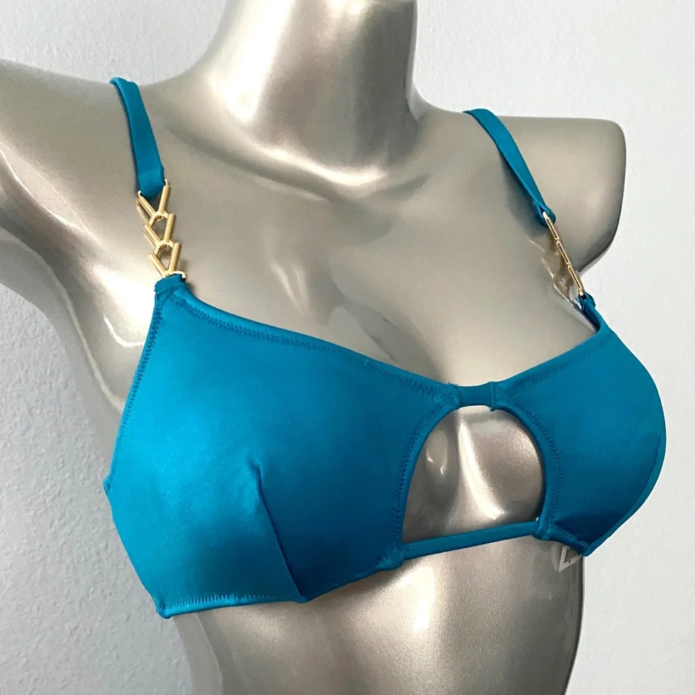 Victorias Secret Bikini Top Shoreline Blue Gold V Open Cut Out Sexy Swim - Picture 2 of 3